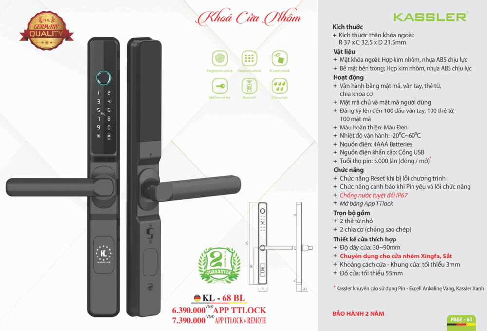 khoa van tay cua nhom kassler kl 68 bl app remote 1 - Khóa vân tay cửa nhôm Kassler KL-68 BL APP, REMOTE tiêu chuẩn Đức Khóa vân tay cửa nhôm Kassler KL-68 BL APP, REMOTE tiêu chuẩn Đức