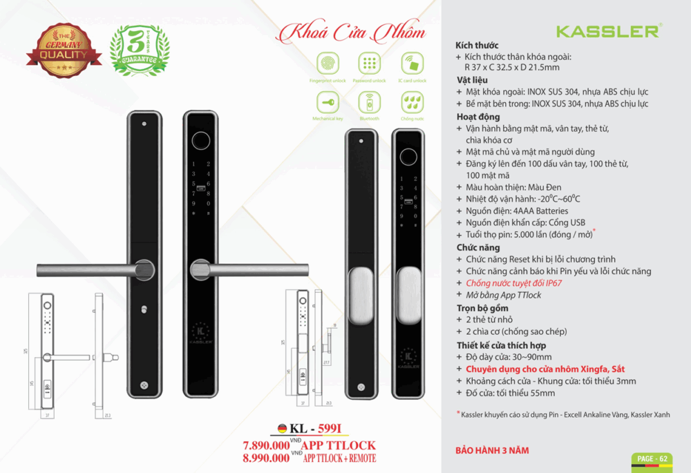khoa van tay kassler kl 599i app remote 5 - Khóa vân tay cửa nhôm Kassler KL-599I APP, REMOTE tiêu chuẩn Đức Khóa vân tay cửa nhôm Kassler KL-599I APP, REMOTE tiêu chuẩn Đức