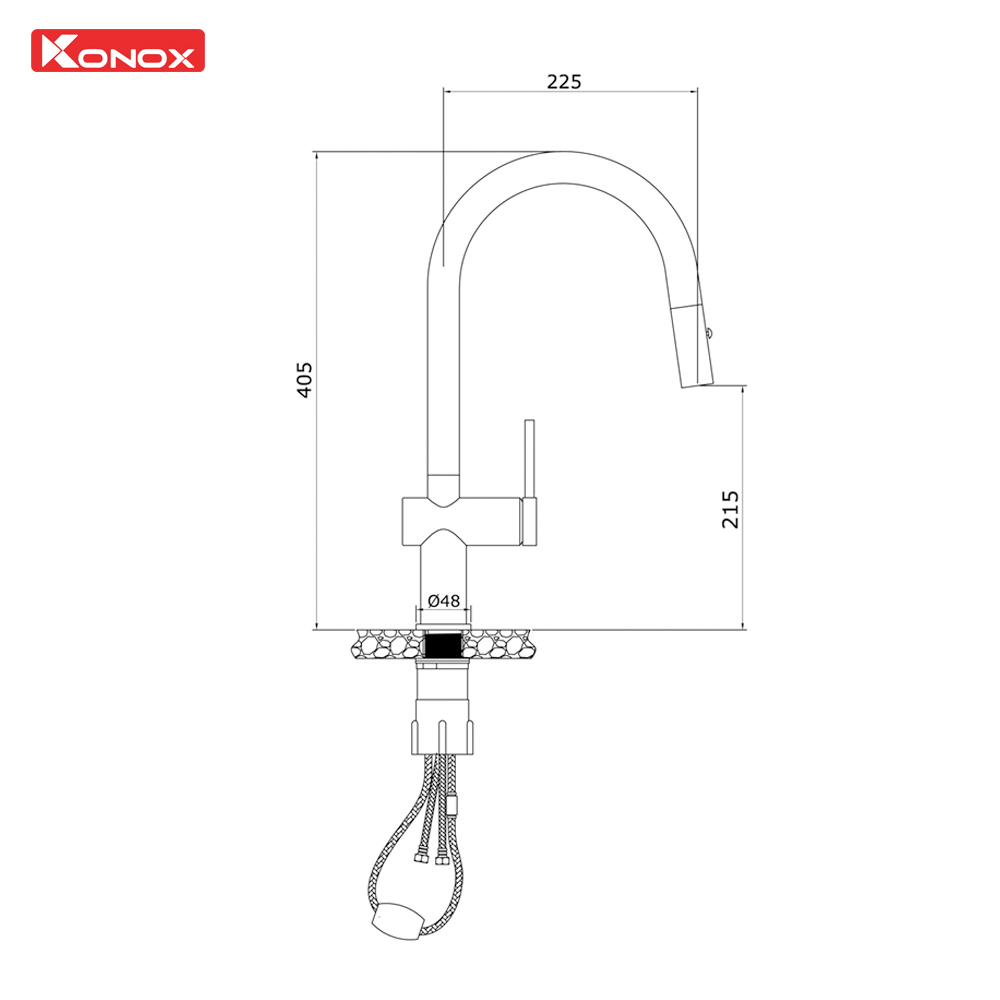 ban ve ky thuat voi rua bat day rut Konox Comfor Chrome - Vòi rửa chén KONOX Comfor Chrome Vòi rửa chén KONOX Comfor Chrome