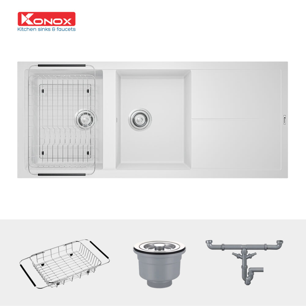 chau rua bat Granite Sink Livello 1160 White silver va phu kien 1 - Chậu rửa bát Konox LIVELLO SMART 1160 White Silver Chậu rửa bát Konox LIVELLO SMART 1160 White Silver
