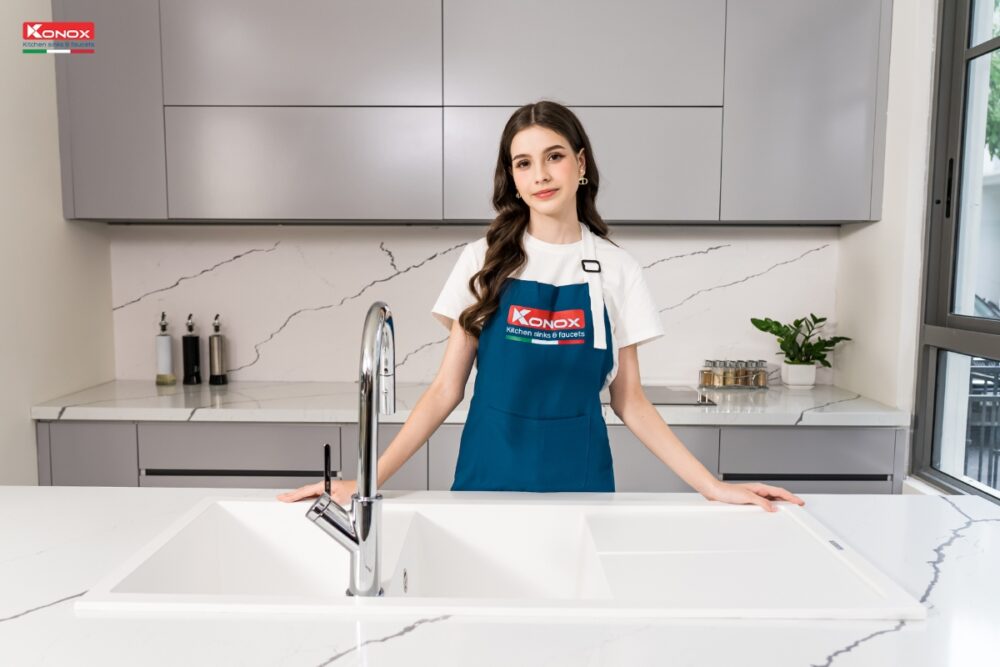 chau rua bat da granite konox livello mau trang 1 - Chậu rửa bát Konox LIVELLO SMART 1160 White Silver Chậu rửa bát Konox LIVELLO SMART 1160 White Silver