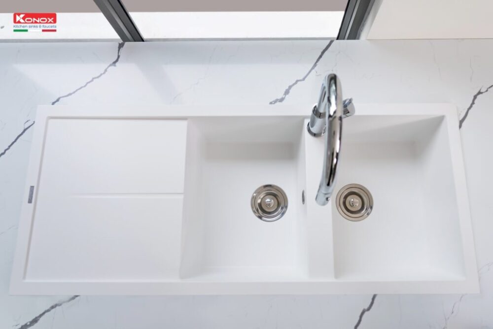 chau rua bat da granite konox livello mau trang 4 1024x684 1 - Chậu rửa bát Konox LIVELLO SMART 1160 White Silver Chậu rửa bát Konox LIVELLO SMART 1160 White Silver
