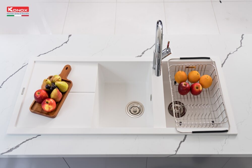 chau rua bat da granite konox livello mau trang 5 - Chậu rửa bát Konox LIVELLO SMART 1160 White Silver Chậu rửa bát Konox LIVELLO SMART 1160 White Silver