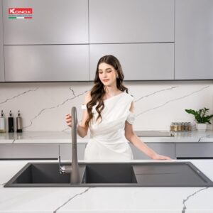 chau rua bat da granite konox livello mau xam 2 - Chậu rửa bát Konox LIVELLO SMART 1160 Grey