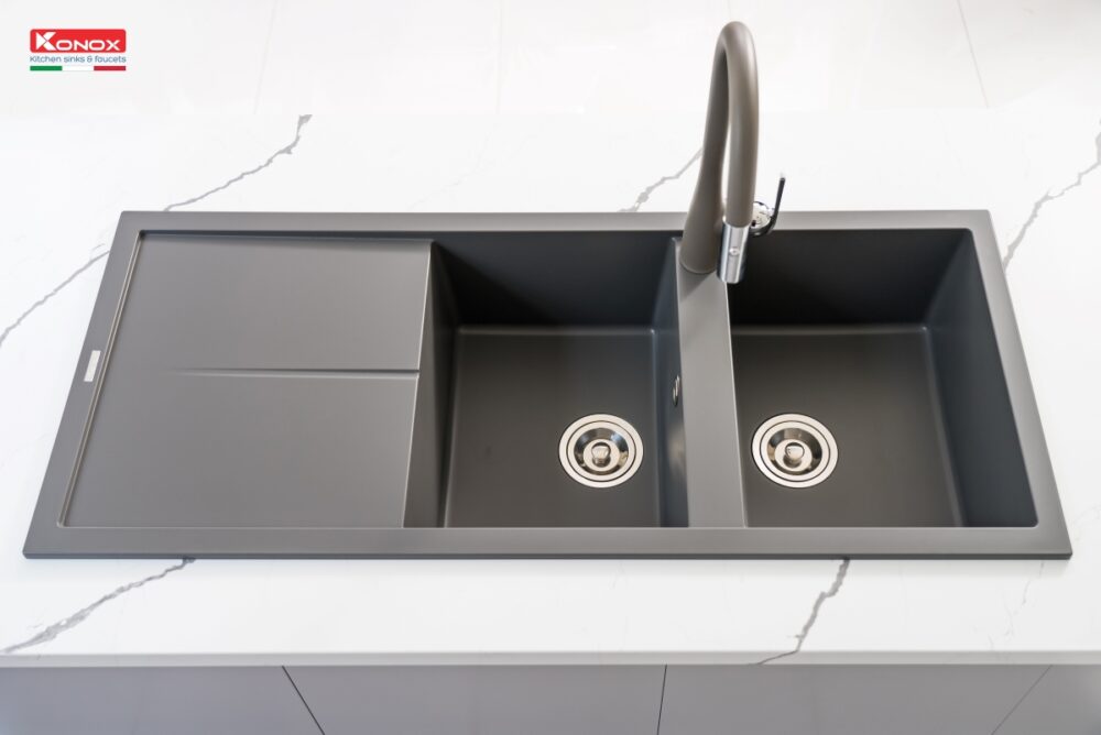 chau rua bat da granite konox livello mau xam 4 - Chậu rửa bát Konox LIVELLO SMART 1160 Grey Chậu rửa bát Konox LIVELLO SMART 1160 Grey