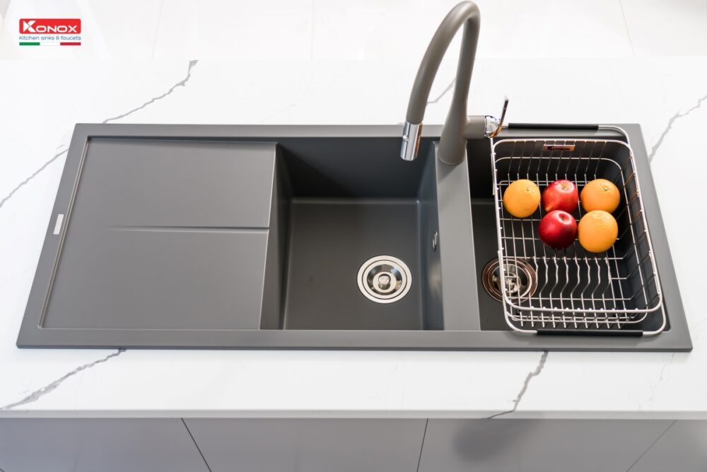 chau rua bat da granite konox livello mau xam 5 - Chậu rửa bát Konox LIVELLO SMART 1160 Grey Chậu rửa bát Konox LIVELLO SMART 1160 Grey