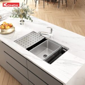phoi canh chau rua bat 1 ho chong xuong Konox Dekor 8044SU 2 600x600 2 - CHẬU RỬA BÁT KONOX WORKSTATION SINK DEKOR KN8044SU